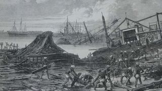 The wide aftermath of the 1839 Coringa cyclone that swept through the area on November 25, 1839. This illustration shows a wooden shipping dock completely destroyed with lots of workers picking up the peices. in the background there is a ship that is sinking.