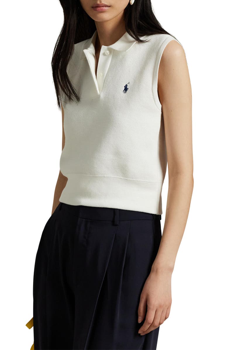 Sleeveless Cotton Blend Piqu&amp;eacute; Polo Sweater