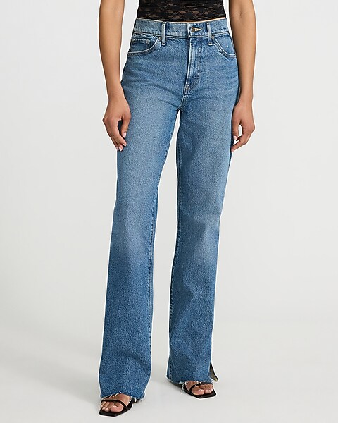 express, High Waisted Medium Wash Vent Raw Hem '90s Bootcut Jeans