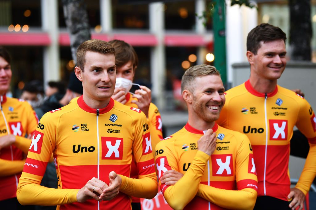 TROMSO NORWAY AUGUST 04 Markus Hoelgaard of Norway and UnoX Pro Cycling Team and Teammates during the 8th Arctic Race Of Norway 2021 Team Presentation ArcticRace on August 04 2021 in Tromso Norway Photo by Stuart FranklinGetty Images