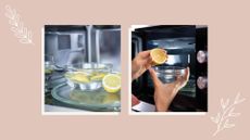 a collage image showing, on the left, a bowl full of lemon and water in a microwave, and on the right, a woman squeezing lemon juice into a bowl going into the microwave, against a light pink background