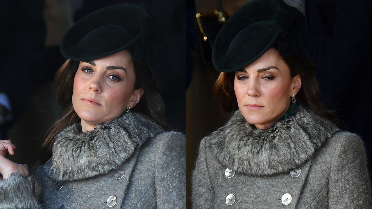 Kate Middleton in a gray Catherine Walker coat on Christmas Day 2019.