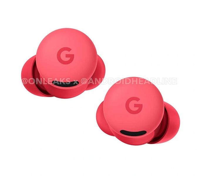 A rumored rendering of the Pixel Buds 2a in a "Berry" colorway, which looks pink, teetering on strawberry.