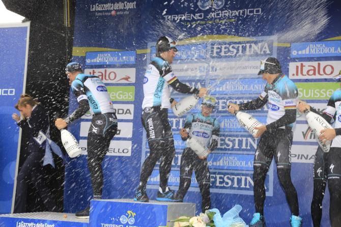 Podium shenanigans for team time trial winners Omega Pharma-Quick Step