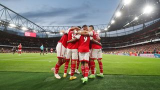 A general view as Gabriel Jesus of Arsenal celebrates scoring their side's first goal with teammates during the Premier League match between Arsenal FC and Aston Villa at Emirates Stadium