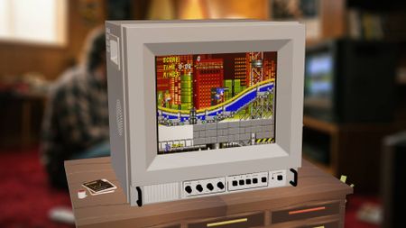 TRAVELLER ULW10 faux CRT TV 3D render and Sonic the Hedgehog 2 gameplay demo with blurred lifestyle imagary in backdrop.