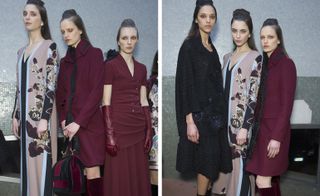 Models waiting in line for a fashion show to start, wearing coats and dresses in deep burgundy, rose print, and floral-covered dresses, from the Antonio Marras A/W 2015 collection.