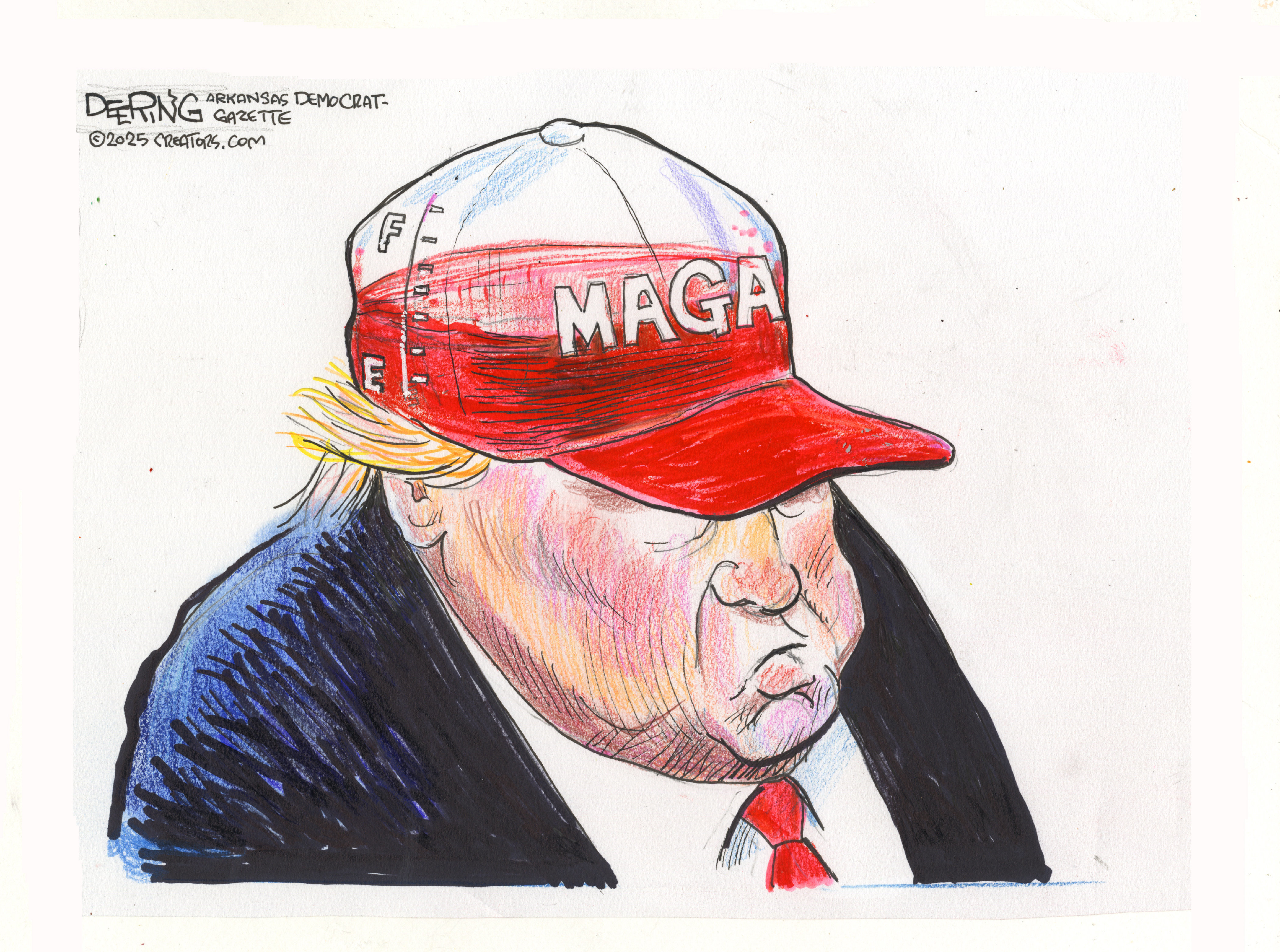 This cartoon shows a grumpy Donald Trump wearing a MAGA hat that is filled with red on the bottom half but is empty on the top. A gauge on the side of the hat resembles a fuel gauge from a car and shows that the hat is now only half full.