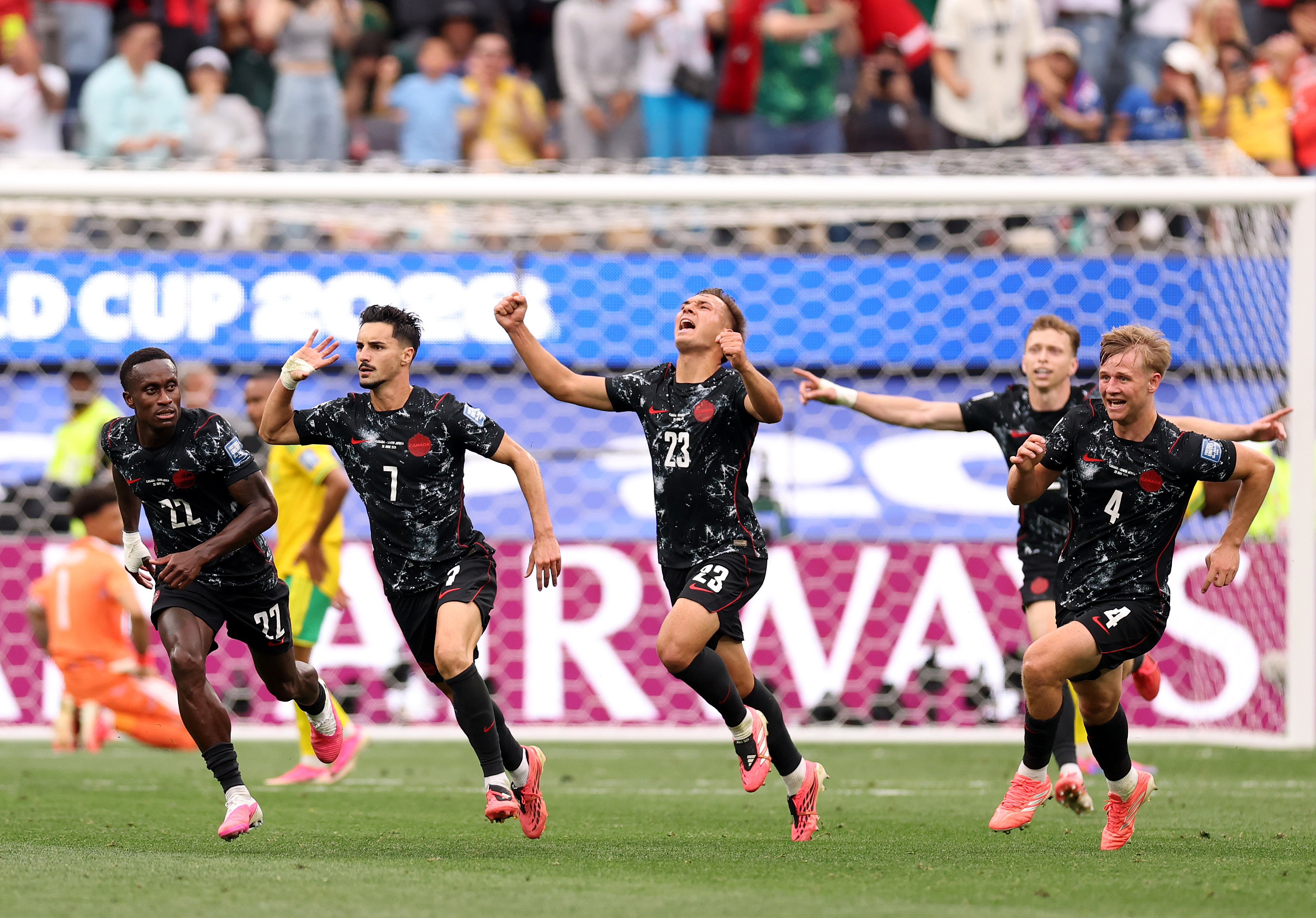 INGLEWOOD, CALIFORNIA - JUNE 28: Stephen Eustaquio #7 of Canada celebrates scoring his team&amp;amp;apos;s first goal with team mates during the FIFA World Cup 2026 Round Of 32 match between South Africa and Canada at Los Angeles Stadium on June 28, 2026 in Inglewood, California. (Photo by Fran Santiago/Getty Images)
