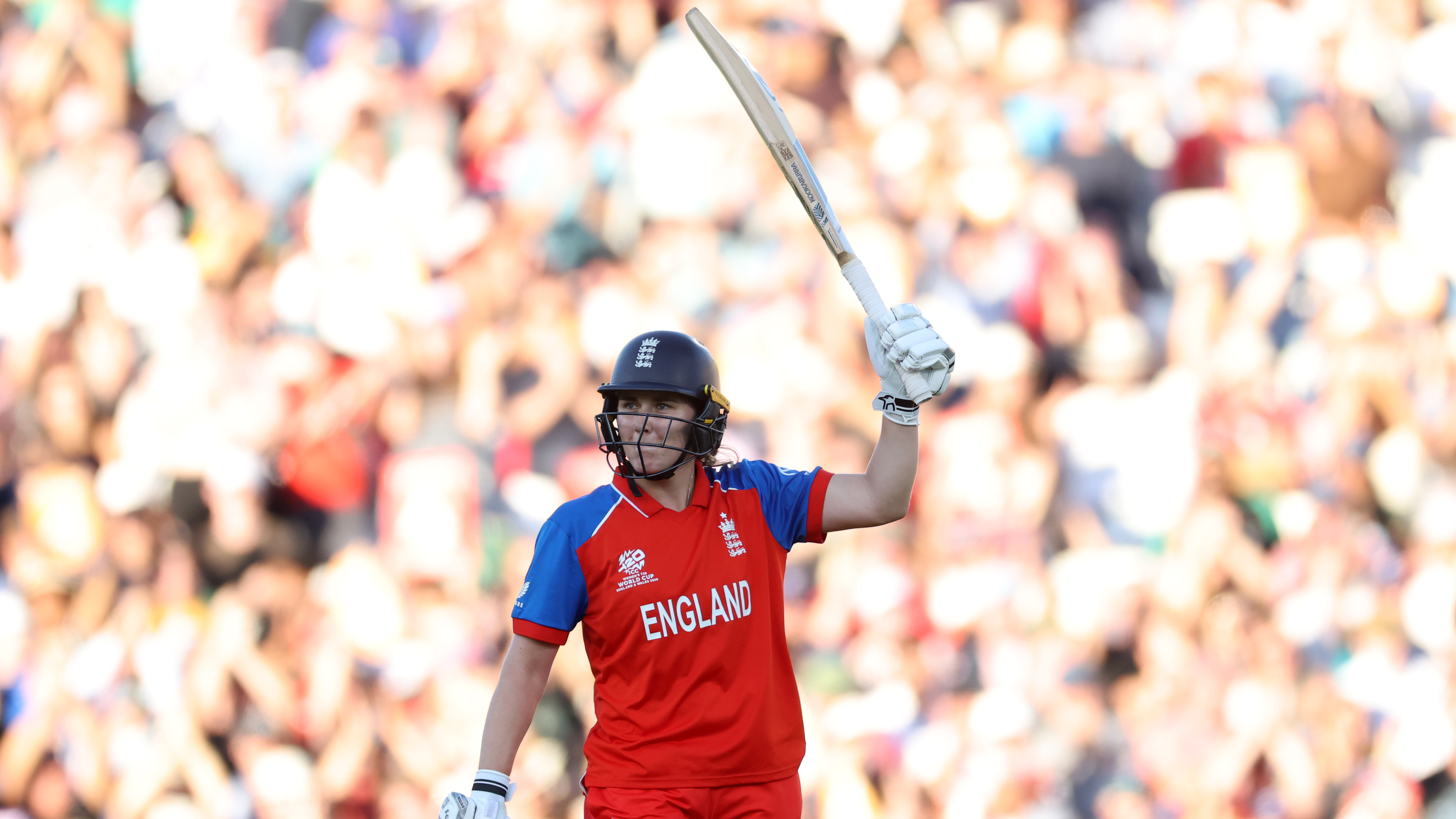 Nat Sciver-Brunt of England celebrates fifty runs during the ICC Women's T20 World Cup England &amp; Wales 2026 Semi Final match between England and South Africa