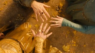 Gil-galad, Cirdan and Galadriel wearing the elven rings in "The Rings of Power