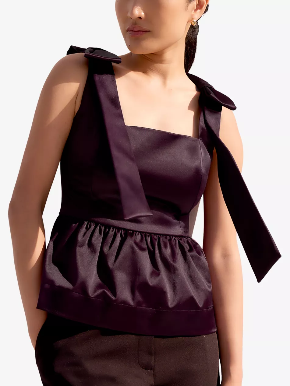 Bow-Detail Peplum-Hem Stretch-Satin Top