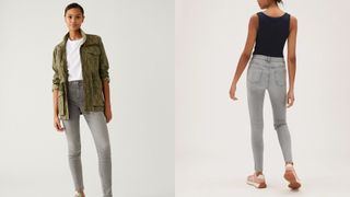 composite of model wearing grey ivy skinny jeans from m&s