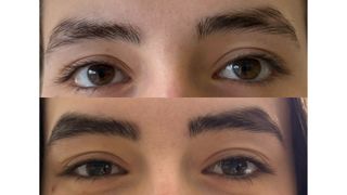 Before and after images testing the Maybelline Tattoo Brow Tint