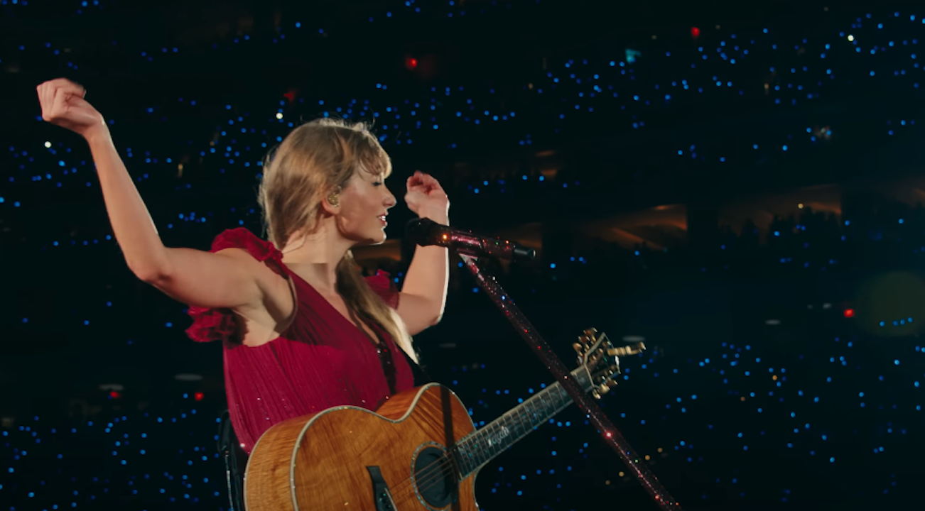 Taylor Swift during acoustic set of Eras Tour movie