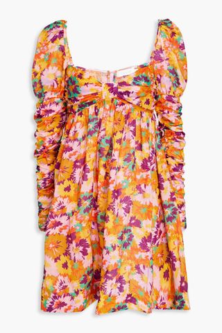 Ruched Floral-Print Cotton-Voile Mini Dress