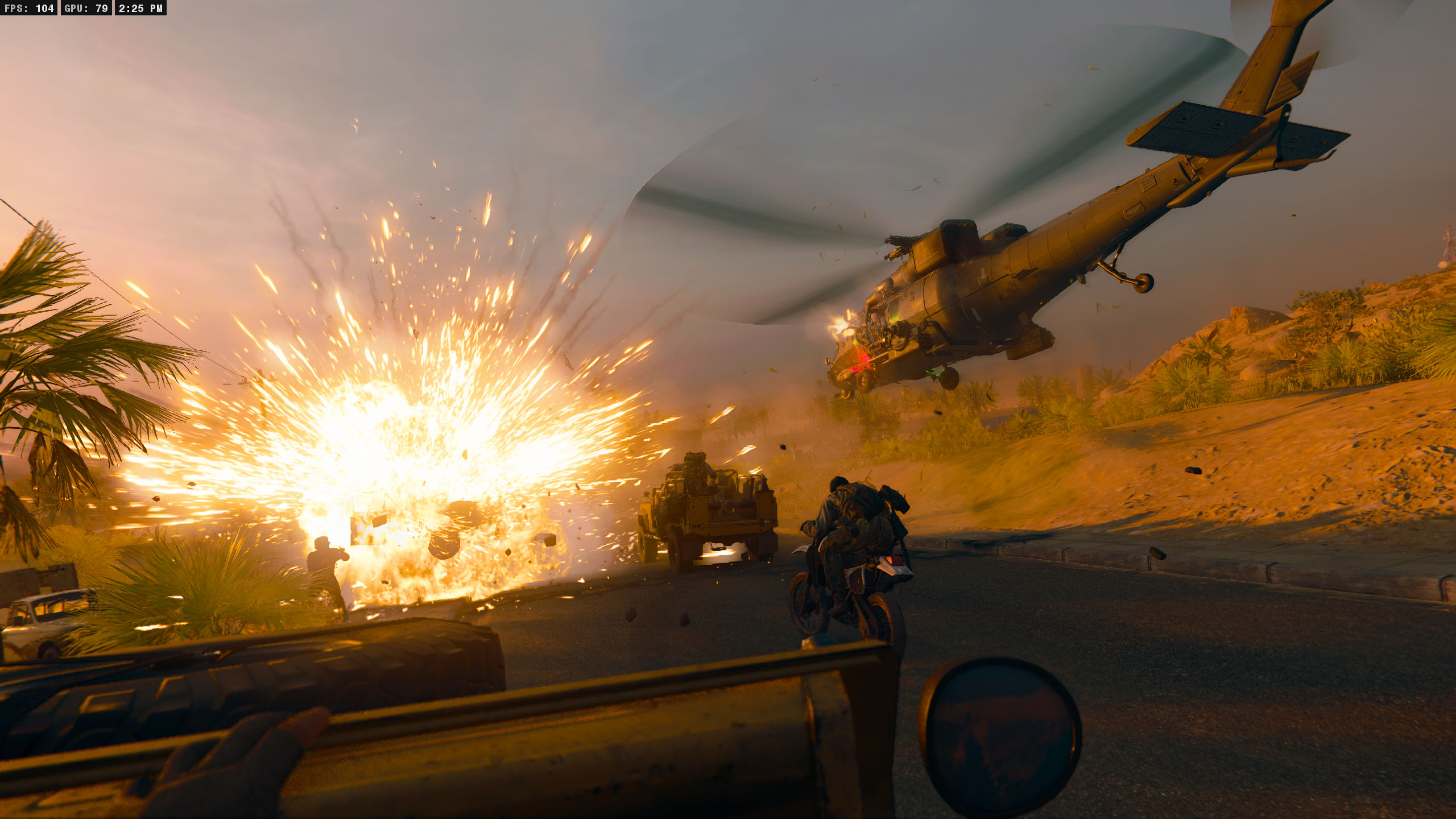 Screenshot from Call of Duty: Black Ops 6 campaign of an explosion and helicopter chase.