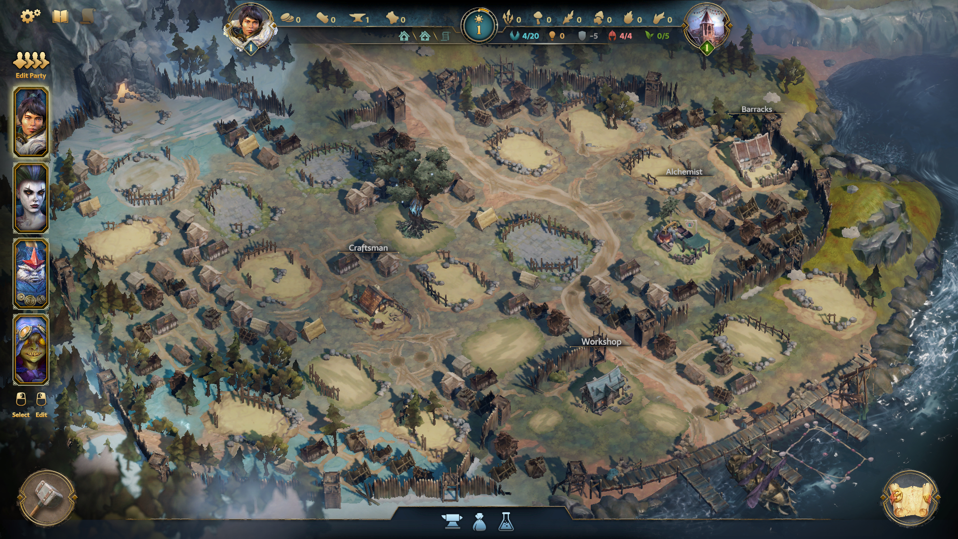 A settlement seen from above, bordering the sea, with character icons on the left-hand side of the frame