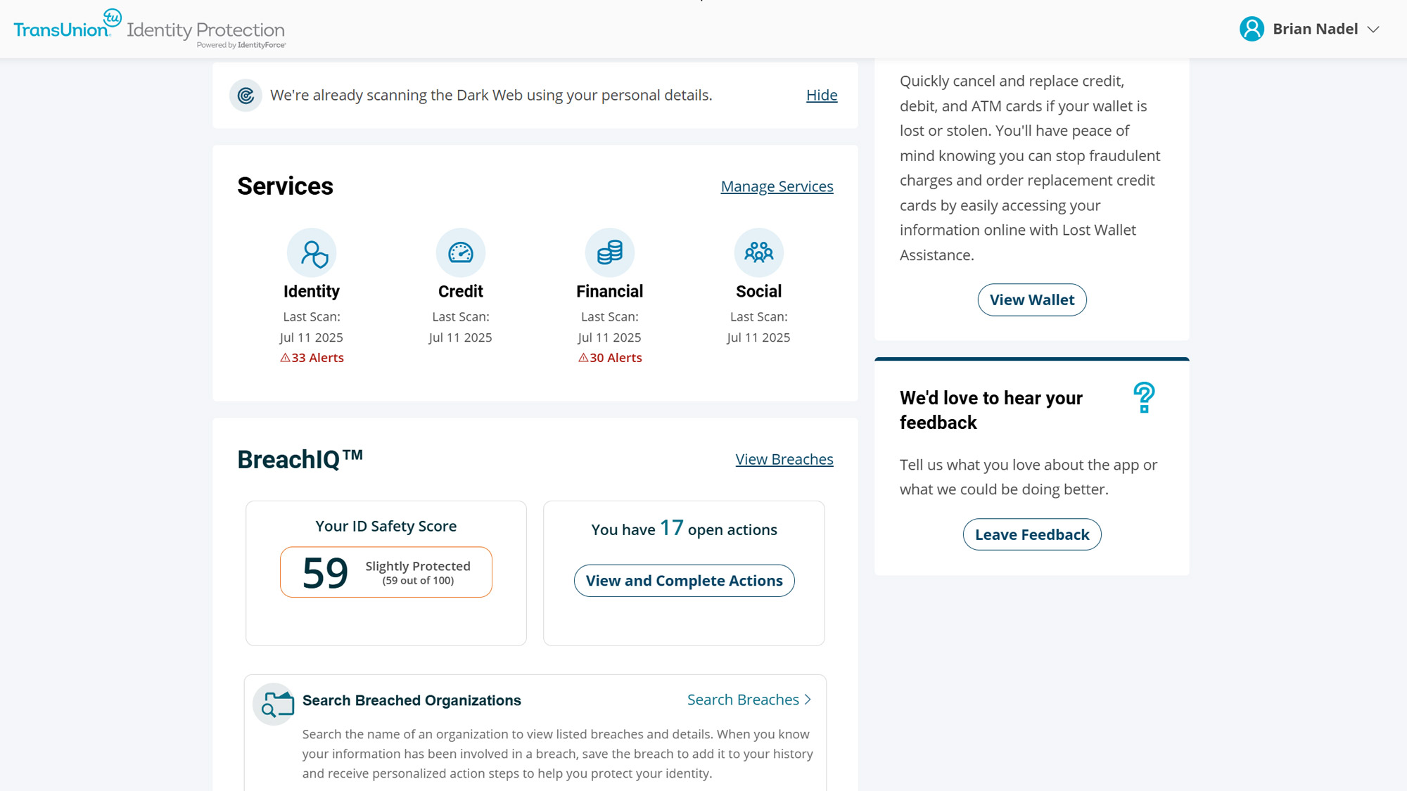 Screenshot of the IdentityForce web interface