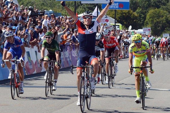 Riding for IAM Cycling, Chavanel crosses the finish line to win the 2014 Bretagne Classic Ouest France