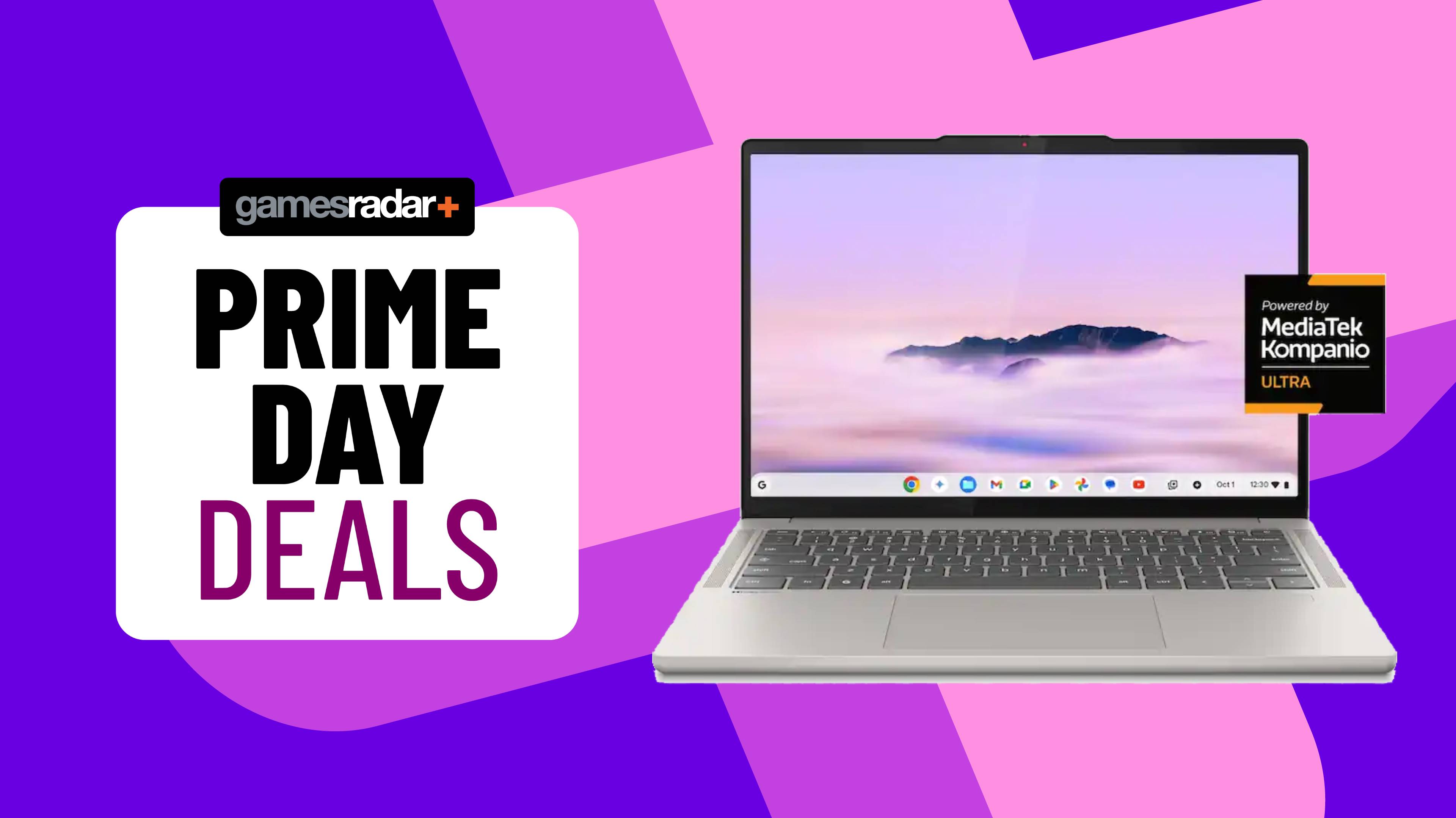 The Lenovo Chromebook Plus next to a sign saying 'Prime Day deals'.