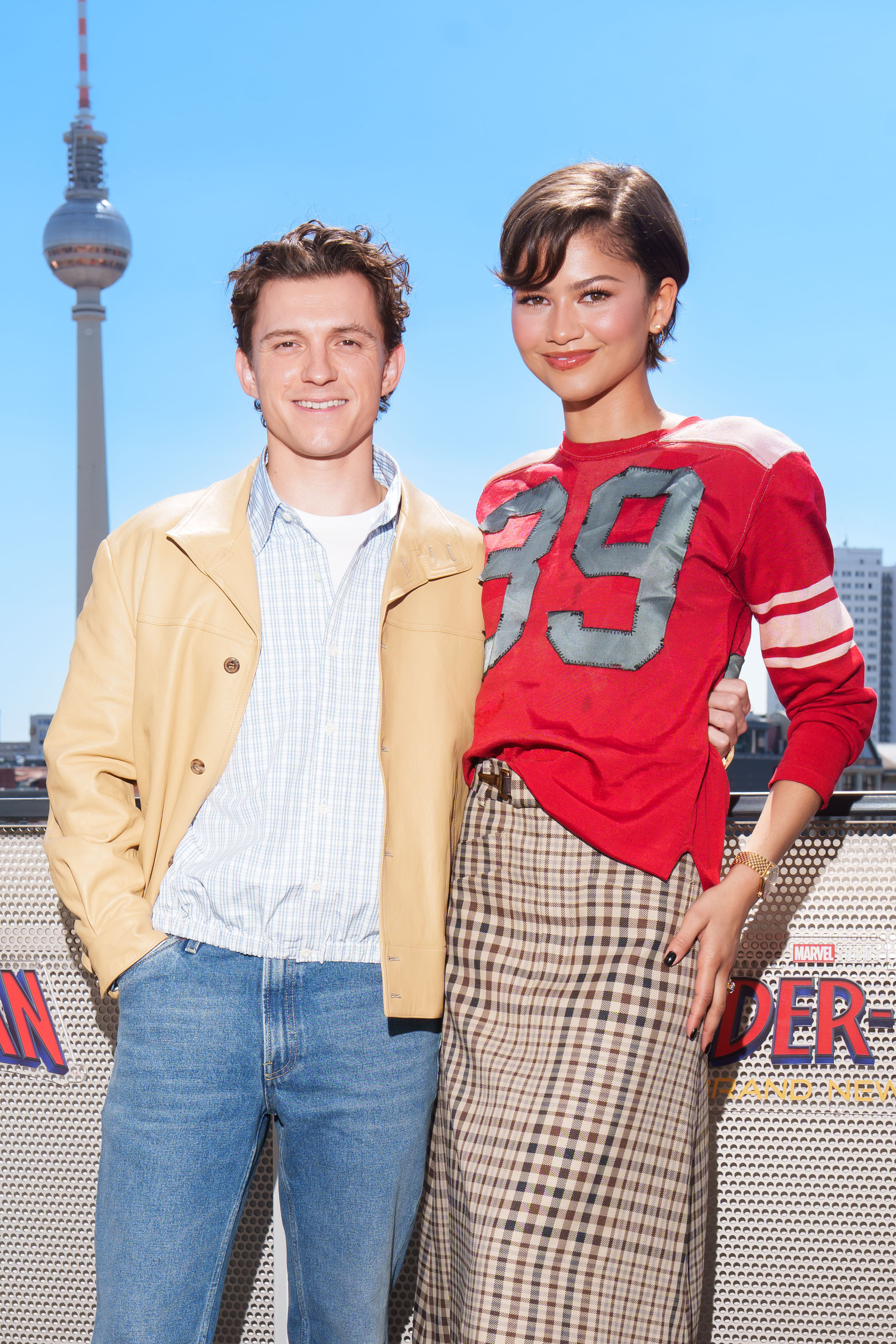 Zendaya attended a Spider-Man: Brand New Day photo call in Berlin wearing the sports jersey trend