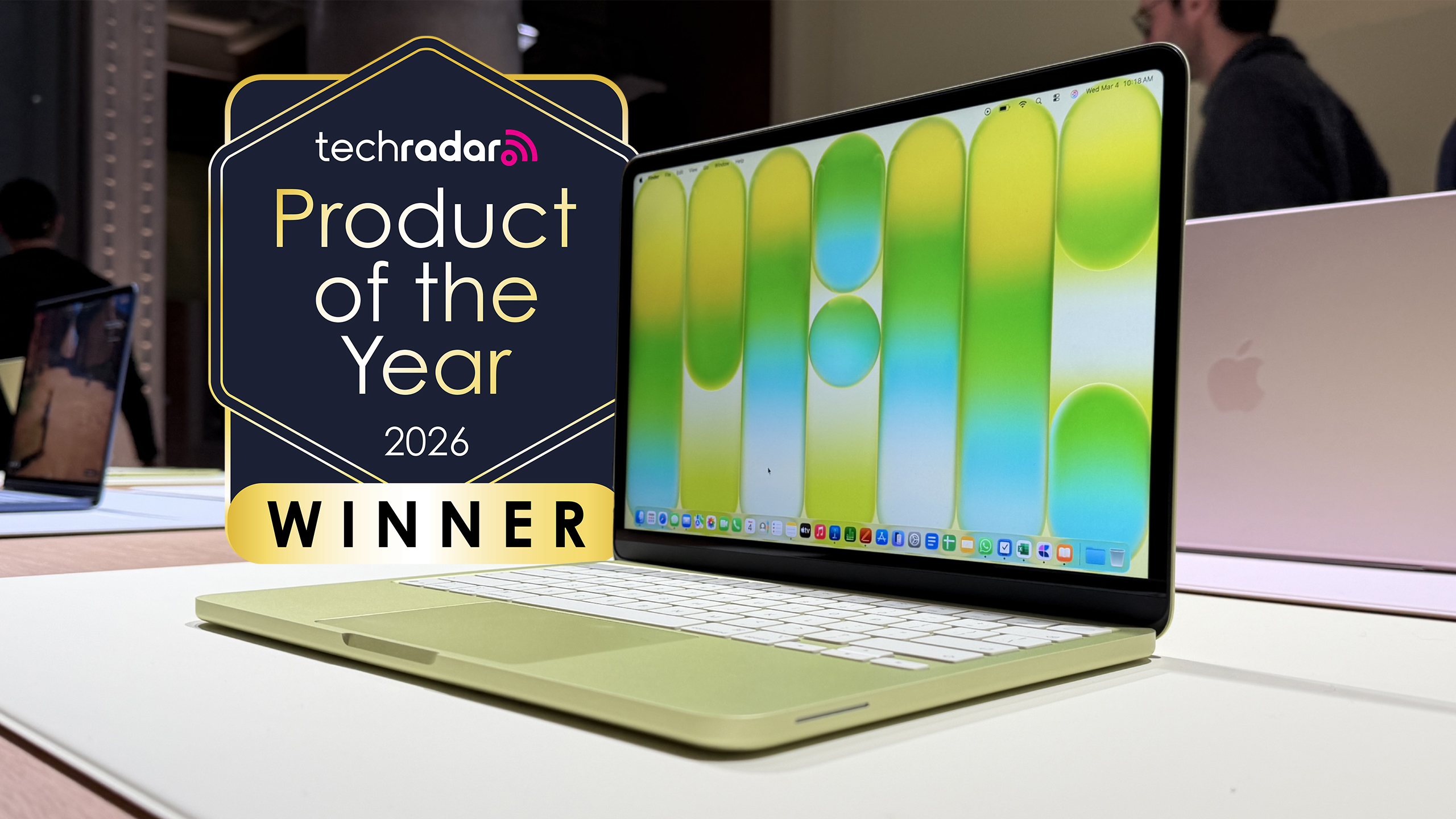 The MacBook Neo, with a logo saying TechRadar product of the year 2026 winner