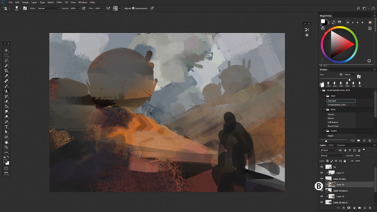 Create textures with the Pattern Stamp tool: Block in the colours