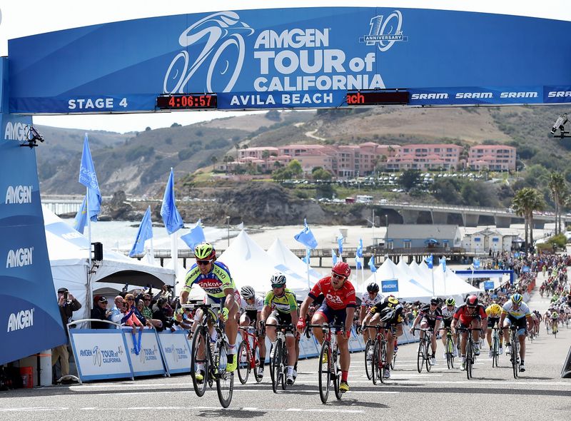 Peter Sagan wheelies over the line as he wins stage 4 of the Tour of California