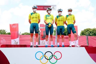 OYAMA JAPAN JULY 25 LR Grace Brown Sarah Gigante Amanda Spratt Tiffany Cromwell of Team Australia prior to during the Womens road race on day two of the Tokyo 2020 Olympic Games at Fuji International Speedway on July 25 2021 in Oyama Shizuoka Japan Photo by Michael SteeleGetty Images
