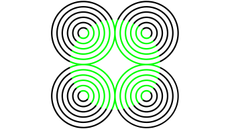 An example of the neon color spreading illusion. Here, four black circles are besides each other in a square shape. Each circle contains a series of progressively smaller circles within it. In the center there appears to be a patch of green in the shape of a circle. The background of the whole image is white.