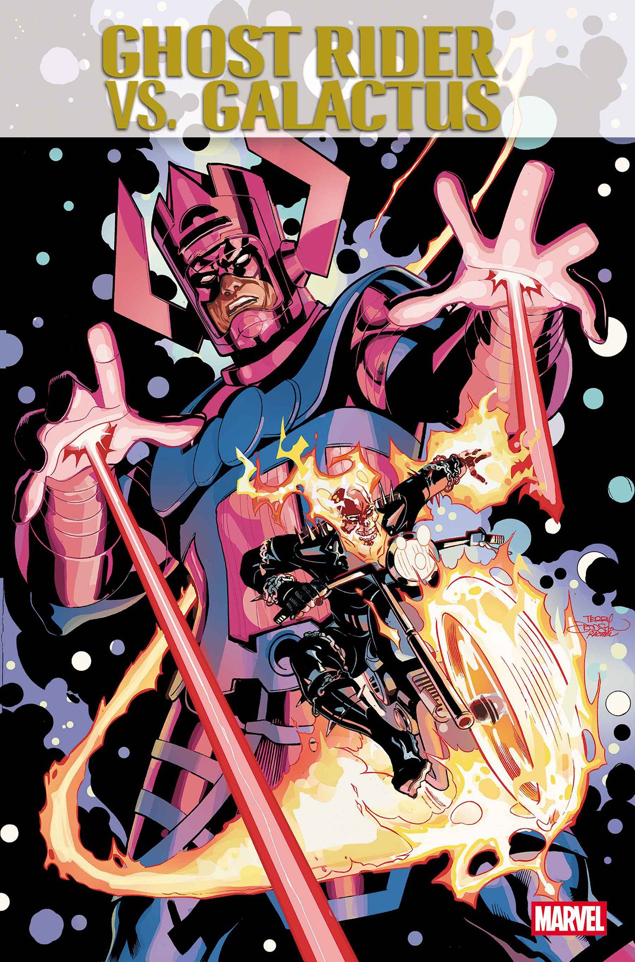 Galactus blasting lasers at Ghost Rider who is racing away on his motorcycle