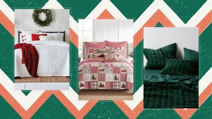 Three side-by-side images of Christmas bedding with a white quilted bed set with snowflake stitches on the far left, a red and cream quilt with patches filled with Christmas design elements in the middle, and a dark green velvet quilt set on the far right.