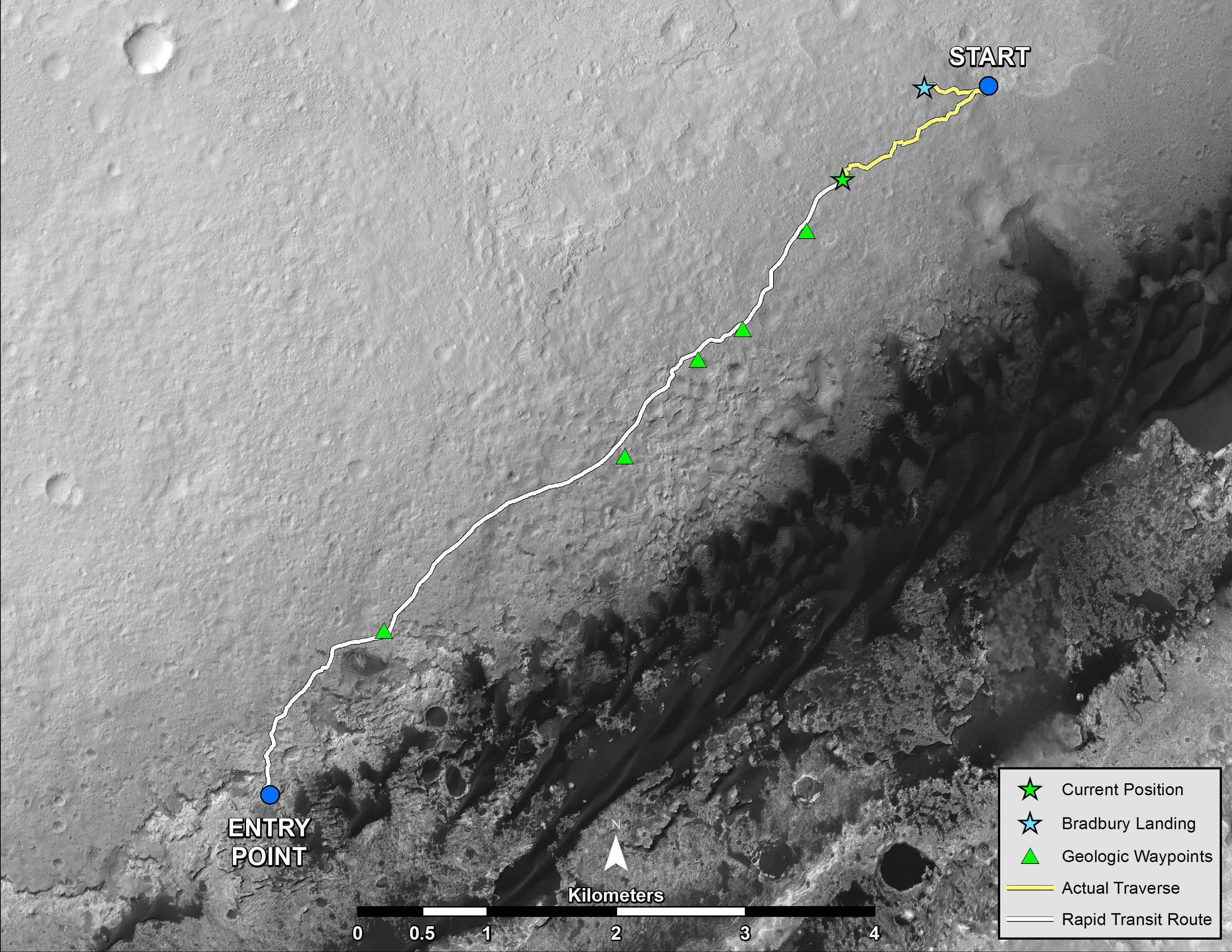 NASA's Mars rover Curiosity left the "Glenelg" area on July 4, 2013, for the base of Mount Sharp. As of Aug. 27, 2013, Curiosity had driven about 0.86 mile since leaving Glenelg, with about 4.46 miles remaining to get to the entry point