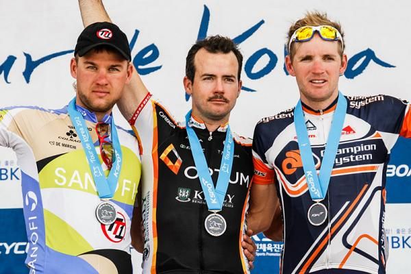 Stage 7 podium (l-r): Alexander Serebrayakov (Team Type 1-Sanofi), Ken Hanson (Team Optum presented by Kelly Benefit Strategies) and Aaron Kemps (Champion System Pro Cycling Team)