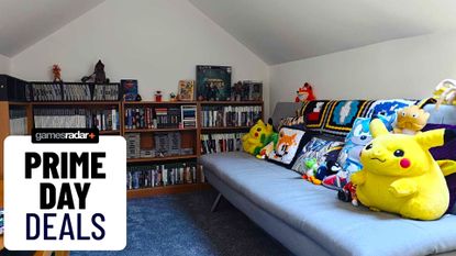 Attic with couch, shelves, retro games, and plush toys with badge in bottom left corner that reads "Prime Day deals"