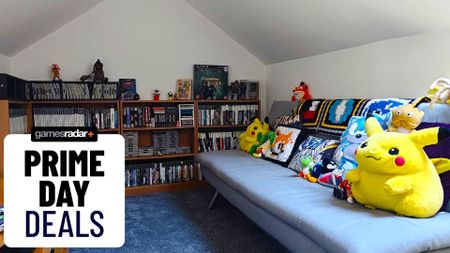 Attic with couch, shelves, retro games, and plush toys with badge in bottom left corner that reads "Prime Day deals"