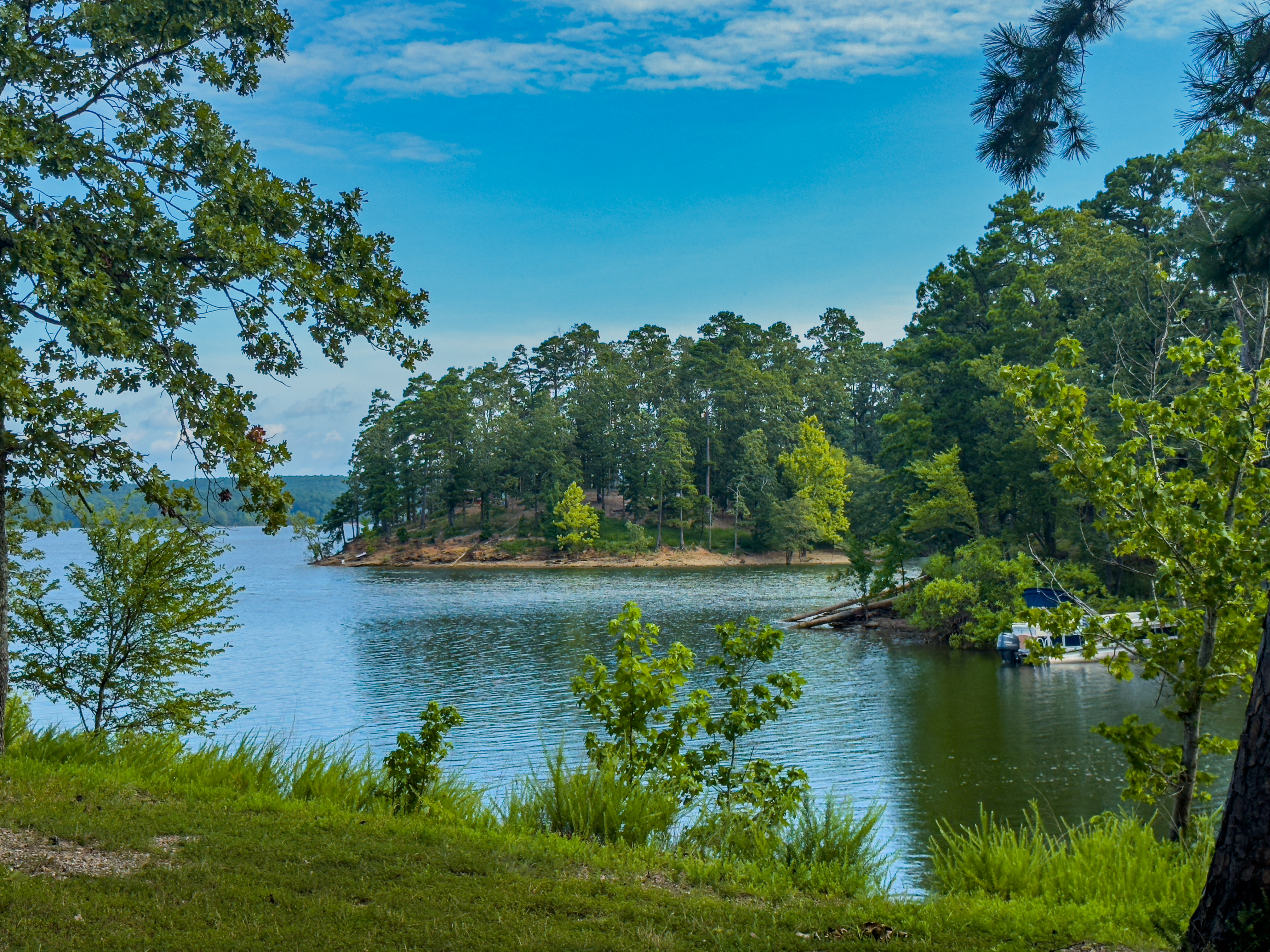 Green trees surround Lake Ouachita