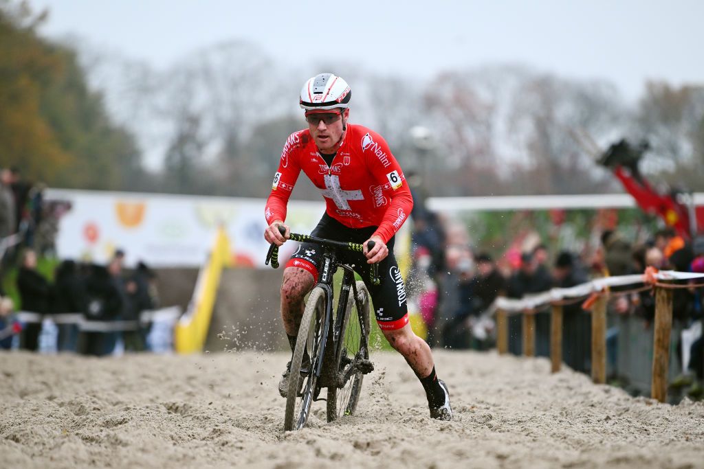 RIJKEVORSEL BELGIUM NOVEMBER 19 Kevin Kuhn of Switzerland and Tormans Cyclo Cross Team competes during the 36th Superprestige Merksplas 2022 Mens Elite Superprestige2023 CXWorldCup CycloCross on November 19 2022 in Rijkevorsel Belgium Photo by Luc ClaessenGetty Images