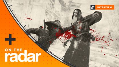 Naoe kills a target with a black and white filter over the camera highlighting the red of blood spray in Assassin's Creed Shadows, with an On The Radar orange frame