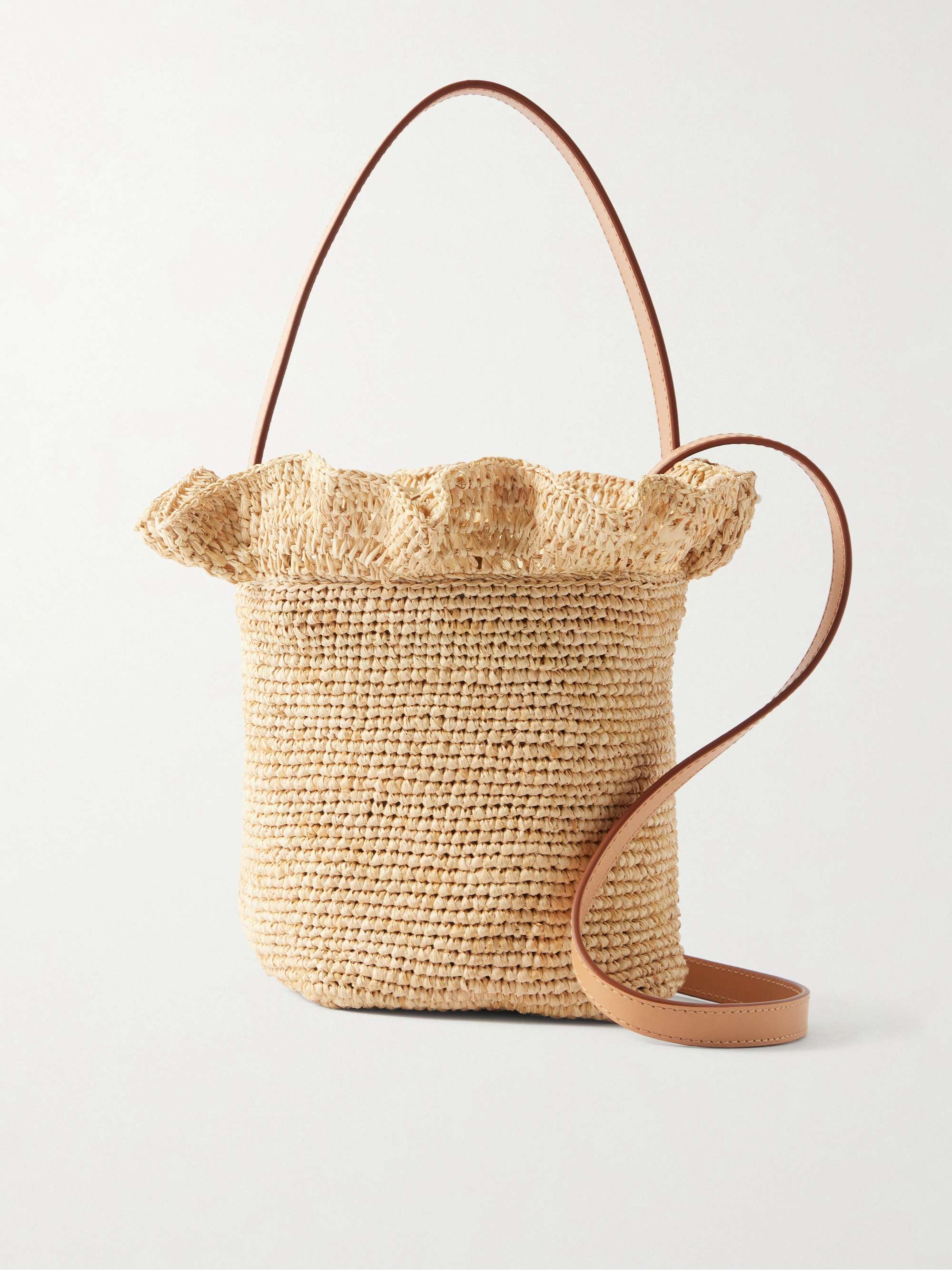 Laith Leather-Trimmed Ruffled Raffia Bucket Bag