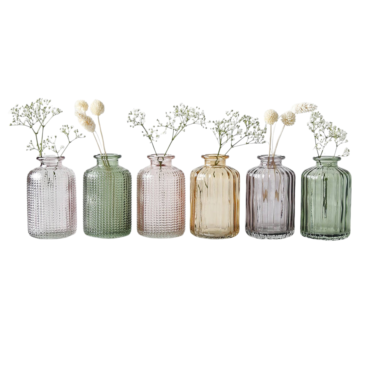 A row of textured colorful mini glass vases