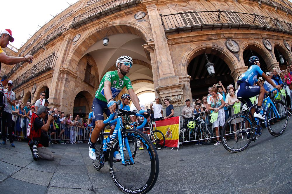Alejandro Valverde rides to the start of stage 10 at the Vuelta