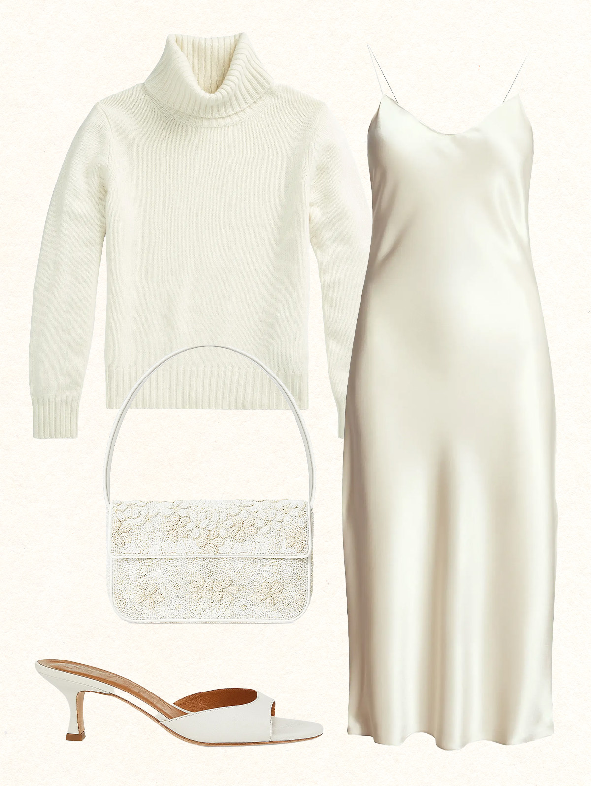 Ivory dress and sweater outfit collage
