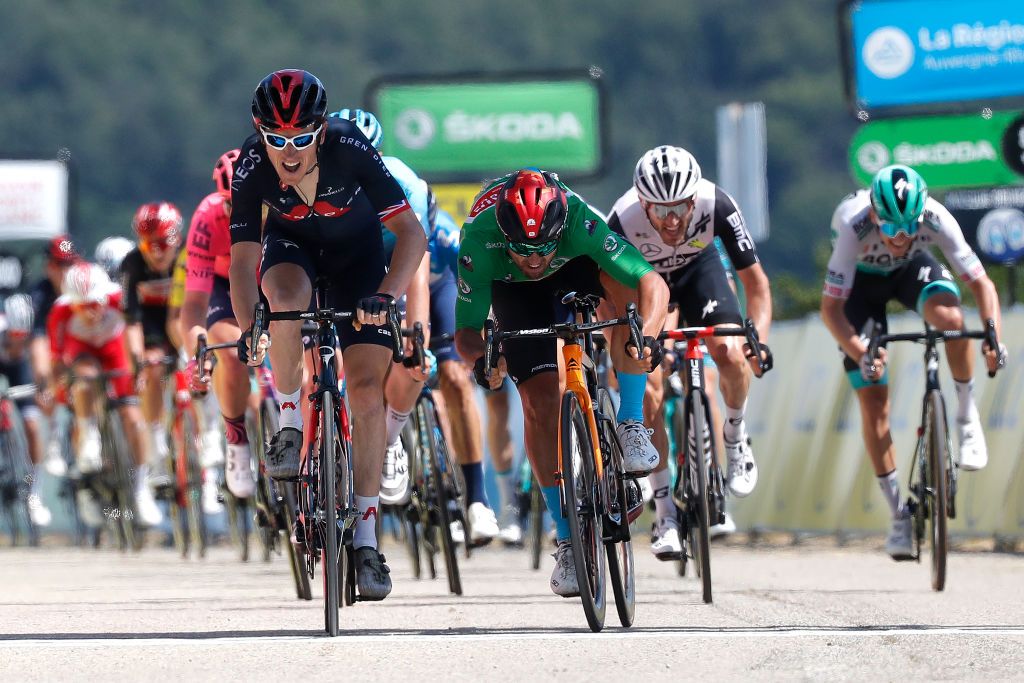 SAINTVALLIER FRANCE JUNE 03 Geraint Thomas of The United Kingdom and Team INEOS Grenadiers Sonny Colbrelli of Italy and Team Bahrain Victorious Green Points Jersey sprint at arrival during the 73rd Critrium du Dauphin 2021 Stage 5 a 1754km stage from SaintChamond to SaintVallier UCIworldtour Dauphin dauphine on June 03 2021 in SaintVallier France Photo by Bas CzerwinskiGetty Images