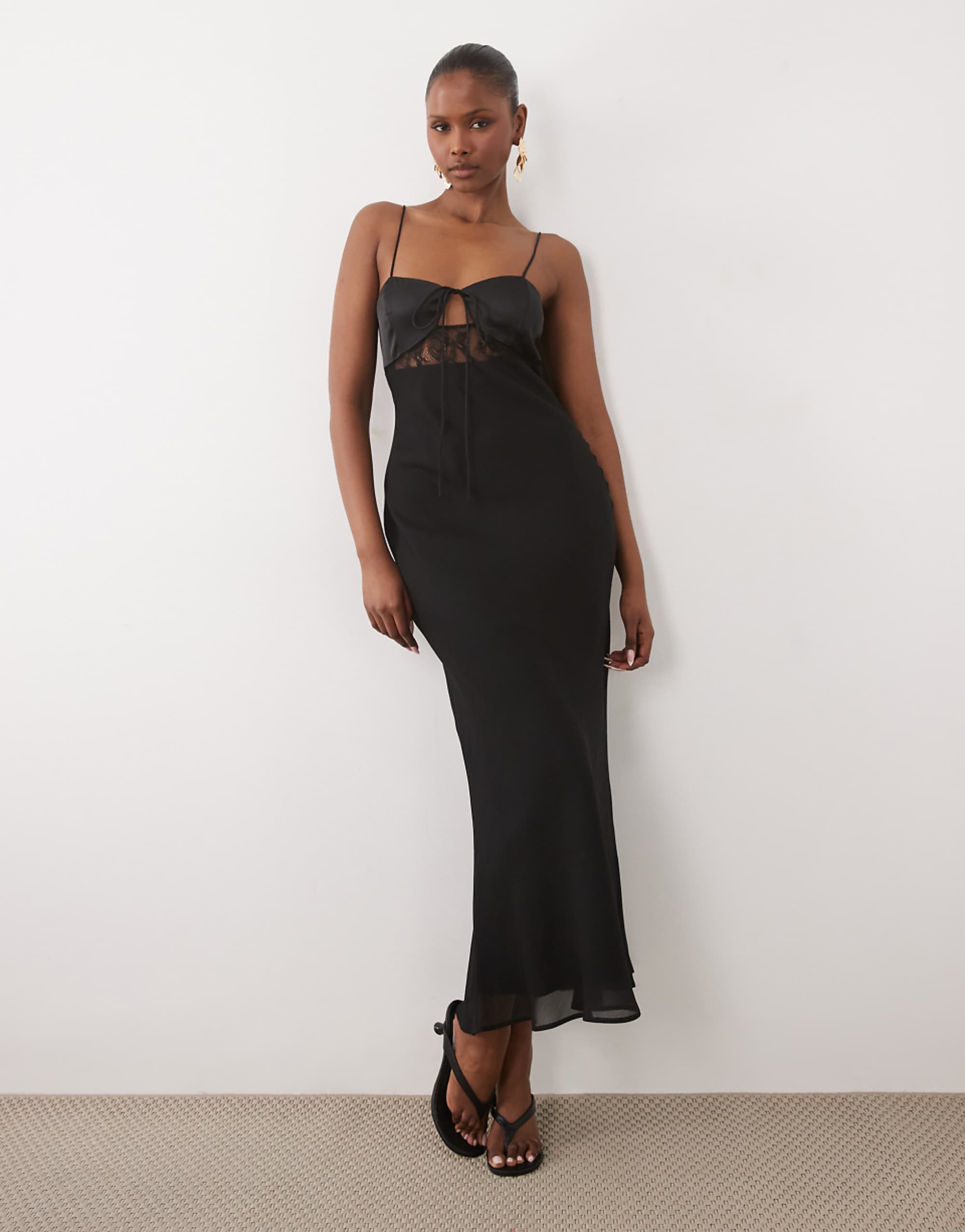 Asos Design Bias Cut Sheer Chiffon Cami Maxi Dress With Satin Bust and Lace Panel in Black