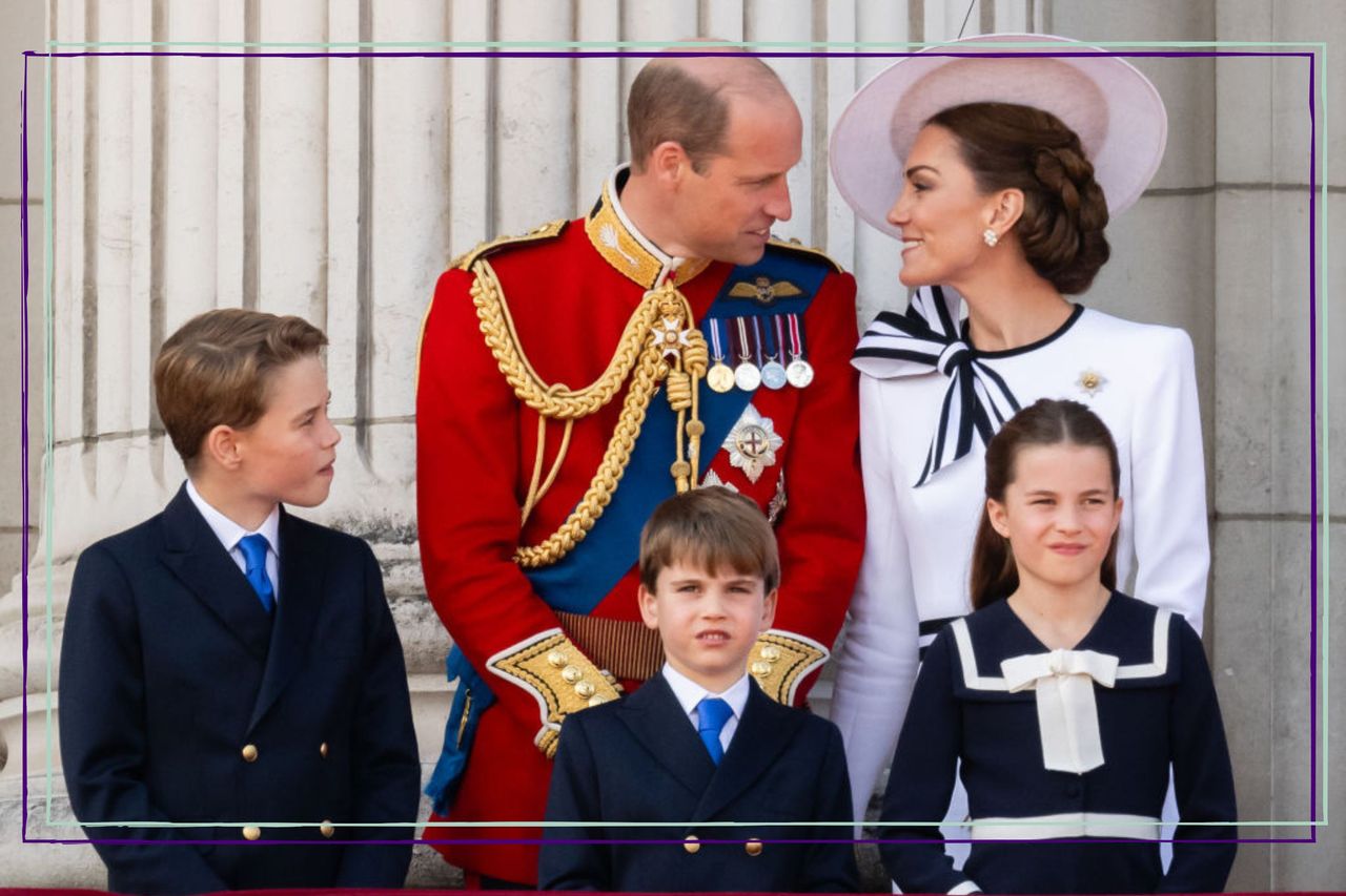 Prince George of Wales, Prince William, Prince of Wales, Prince Louis of Wales, Princess Charlotte of Wales and Catherine, Princess of Wales during Trooping the Colour on June 15