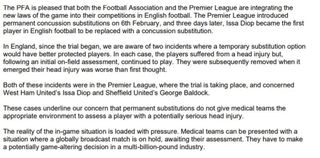 Excerpt of letter from the PFA and FIFPRO to the game's law-makers the IFAB