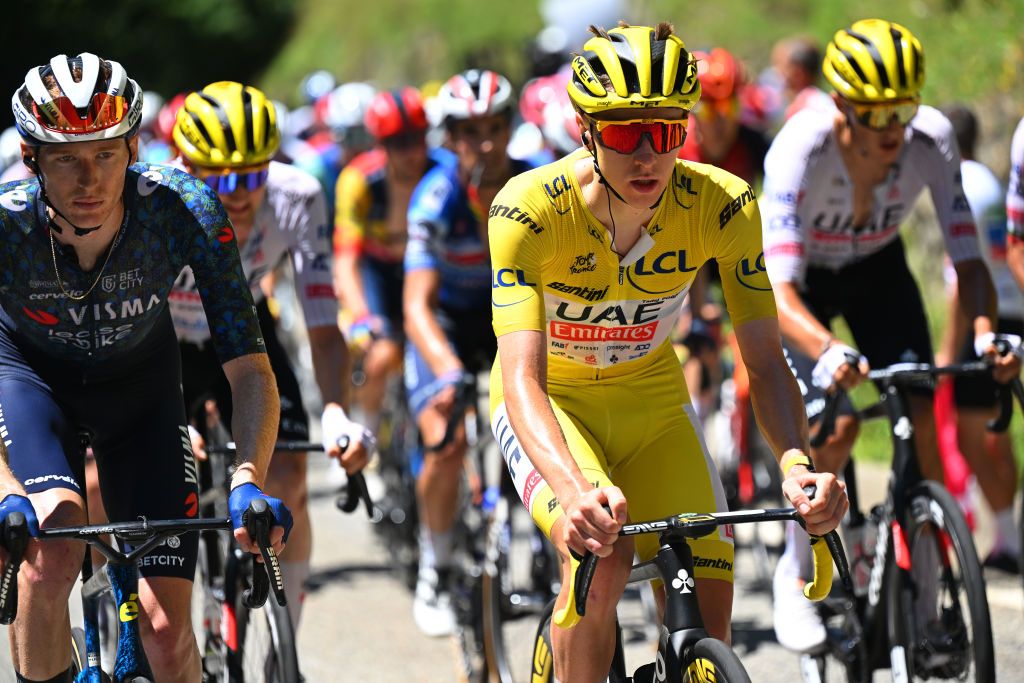 PLATEAU DE BEILLE FRANCE JULY 14 LR Matteo Jorgenson of The United States and Team Visma Lease a Bike and Tadej Pogacar of Slovenia and UAE Team Emirates Yellow Leader Jersey compete during the 111th Tour de France 2024 Stage 15 a 1977km stage from Loudenvielle to Plateau de Beille 1782m UCIWT on July 14 2024 in Plateau de Beille France Photo by Tim de WaeleGetty Images