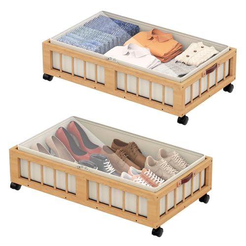 Efluky 2-Pack Bamboo Under Bed Storage Containers With Wheels, Under Bed Clothes Storage Basket With Large Dust Bag, Rolling Underbed Storage for Bedroom, Dorm and Basement, Nature